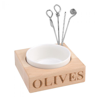 Culinary Concepts London Olive Beech Wood Holder With Porcelain Dish & 4 Picks